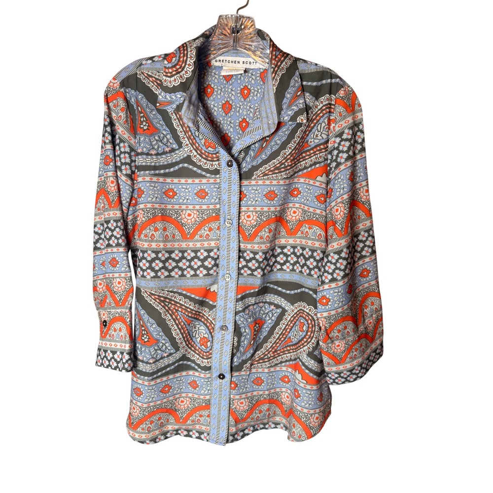 Gretchen Scott Button Down Shirt Womens Size M Blue Orange Paisley Polyester